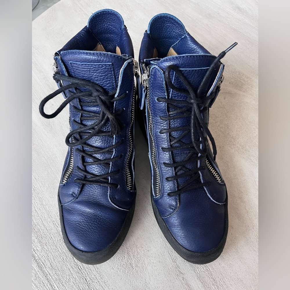 Giuseppe Zanotti Navy Leather Double Zip High Top Sneakers Size‎ 42